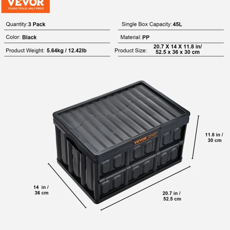 VEVOR Collapsible Storage Bins with Lids, 45L 3 Packs, Folding Plastic Stackable Utility Crates with Handles, Large Heavy Duty Containers for Clothes, Toys, Books, Snack, Shoes, and Grocery Organizing