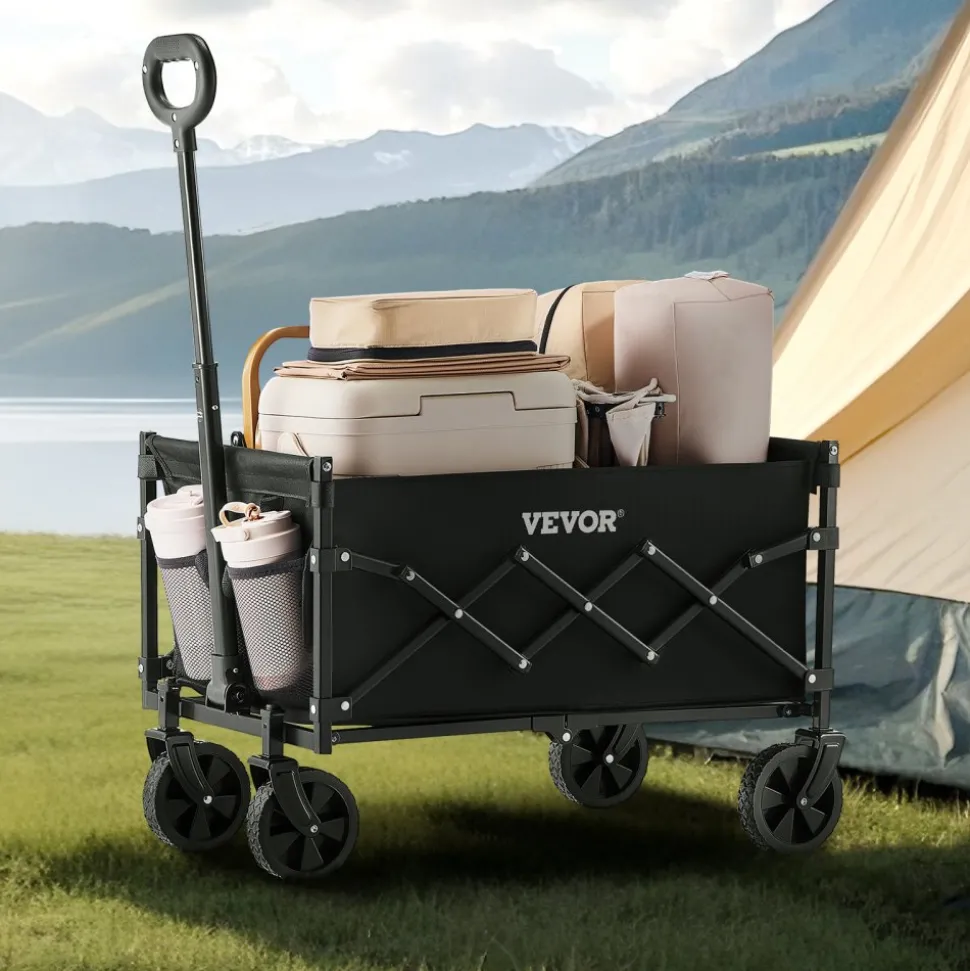 VEVOR Collapsible Wagon Carts, 120L & 225LBS Folding Wagons with All-Terrain Wheels, Heavy Duty Outdoor Utility Cart with Adjustable Handle, Portable Camping Cart for Beach Grocery Garden Black
