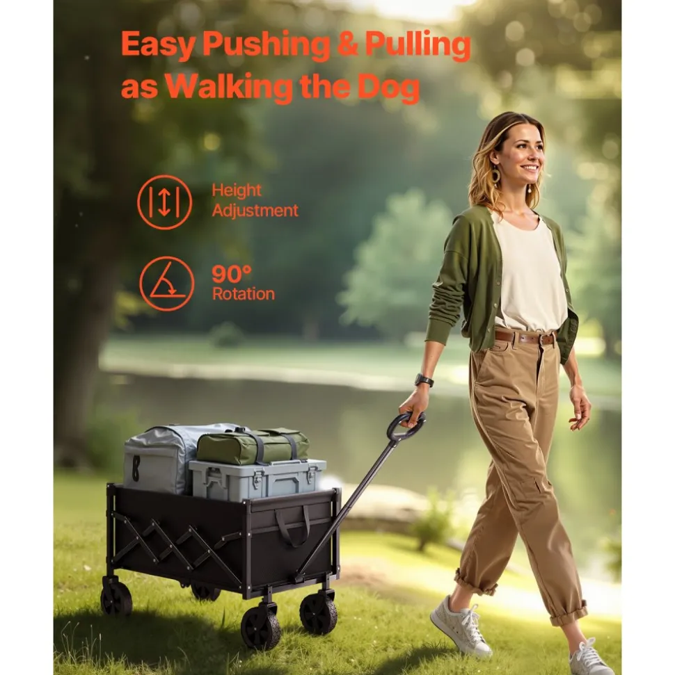 VEVOR Collapsible Wagon Carts, 120L & 225LBS Folding Wagons with All-Terrain Wheels, Heavy Duty Outdoor Utility Cart with Adjustable Handle, Portable Camping Cart for Beach Grocery Garden Black