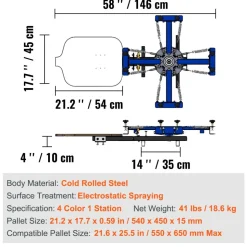 VEVOR 4 Color 1 Station Screen Printing Machine, 21.2x17.7in / 54x45cm Screen Printing Press 360° Rotable Silk, Double-Layer Positioning Pallet for T-Shirt DIY Printing