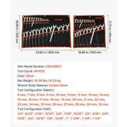 VEVOR Combination Wrench Set, 44-Piece SAE and Metric, 12-Point Box End and 15° Angled Open End Combination Wrenches with Roll Up Pouch, Carbon Steel, for General Household and Automotive Repairs