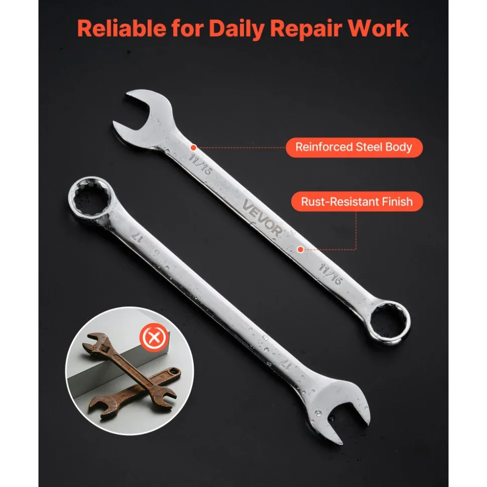 VEVOR Combination Wrench Set, 44-Piece SAE and Metric, 12-Point Box End and 15° Angled Open End Combination Wrenches with Roll Up Pouch, Carbon Steel, for General Household and Automotive Repairs