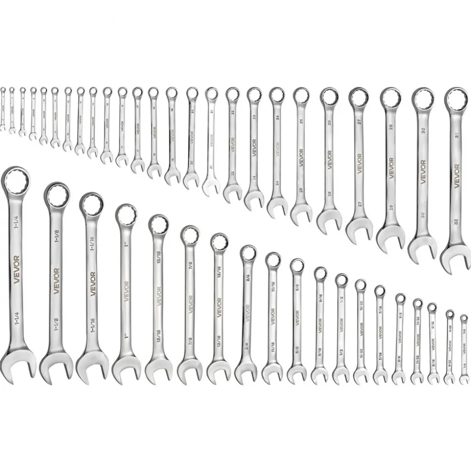 VEVOR Combination Wrench Set, 44-Piece SAE and Metric, 12-Point Box End and 15° Angled Open End Combination Wrenches with Roll Up Pouch, Carbon Steel, for General Household and Automotive Repairs