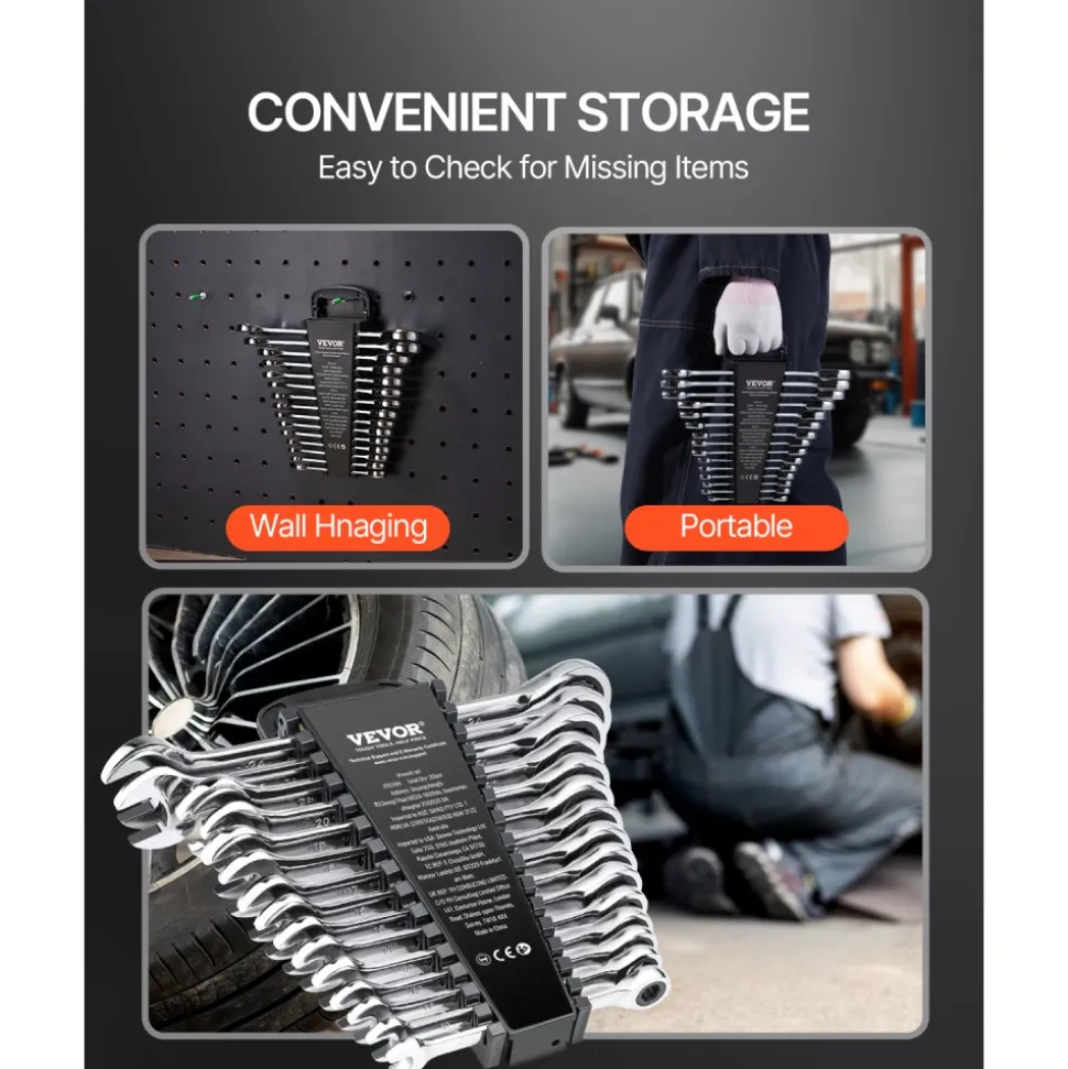 VEVOR Combination Wrench Set, 30-Piece Ratcheting Wrench Set with Organizer Rack, Cr-V Steel Wrench Set SAE 1/4" to 1", Metric 8 mm to 24 mm, Ideal for General Household, Garage, Workshop, Emergency