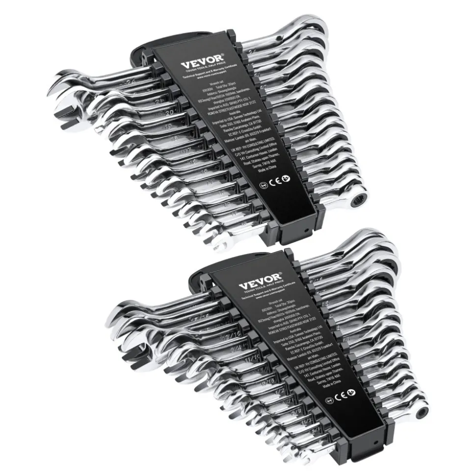VEVOR Combination Wrench Set, 30-Piece Ratcheting Wrench Set with Organizer Rack, Cr-V Steel Wrench Set SAE 1/4" to 1", Metric 8 mm to 24 mm, Ideal for General Household, Garage, Workshop, Emergency