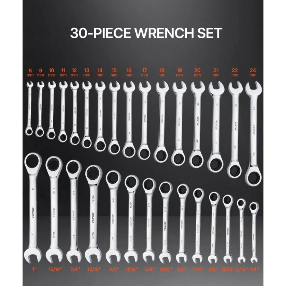 VEVOR Combination Wrench Set, 30-Piece Ratcheting Wrench Set with Organizer Rack, Cr-V Steel Wrench Set SAE 1/4" to 1", Metric 8 mm to 24 mm, Ideal for General Household, Garage, Workshop, Emergency