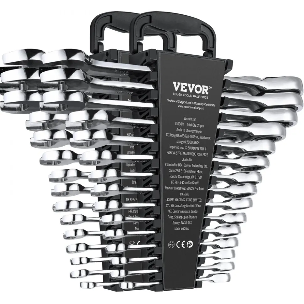 VEVOR Combination Wrench Set, 30-Piece Ratcheting Wrench Set with Organizer Rack, Cr-V Steel Wrench Set SAE 1/4" to 1", Metric 8 mm to 24 mm, Ideal for General Household, Garage, Workshop, Emergency