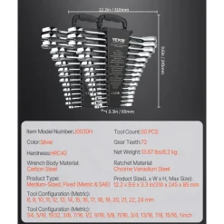 VEVOR Combination Wrench Set, 30-Piece Ratcheting Wrench Set with Organizer Rack, Cr-V Steel Wrench Set SAE 1/4