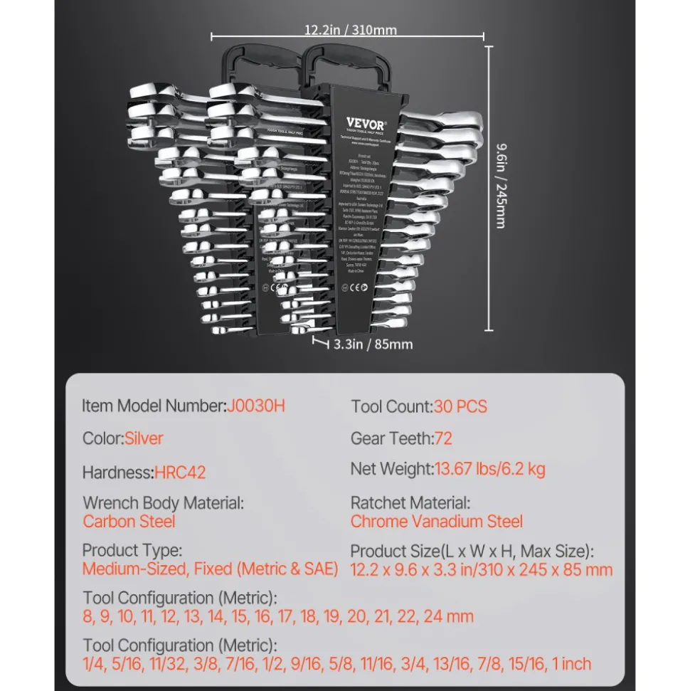VEVOR Combination Wrench Set, 30-Piece Ratcheting Wrench Set with Organizer Rack, Cr-V Steel Wrench Set SAE 1/4" to 1", Metric 8 mm to 24 mm, Ideal for General Household, Garage, Workshop, Emergency