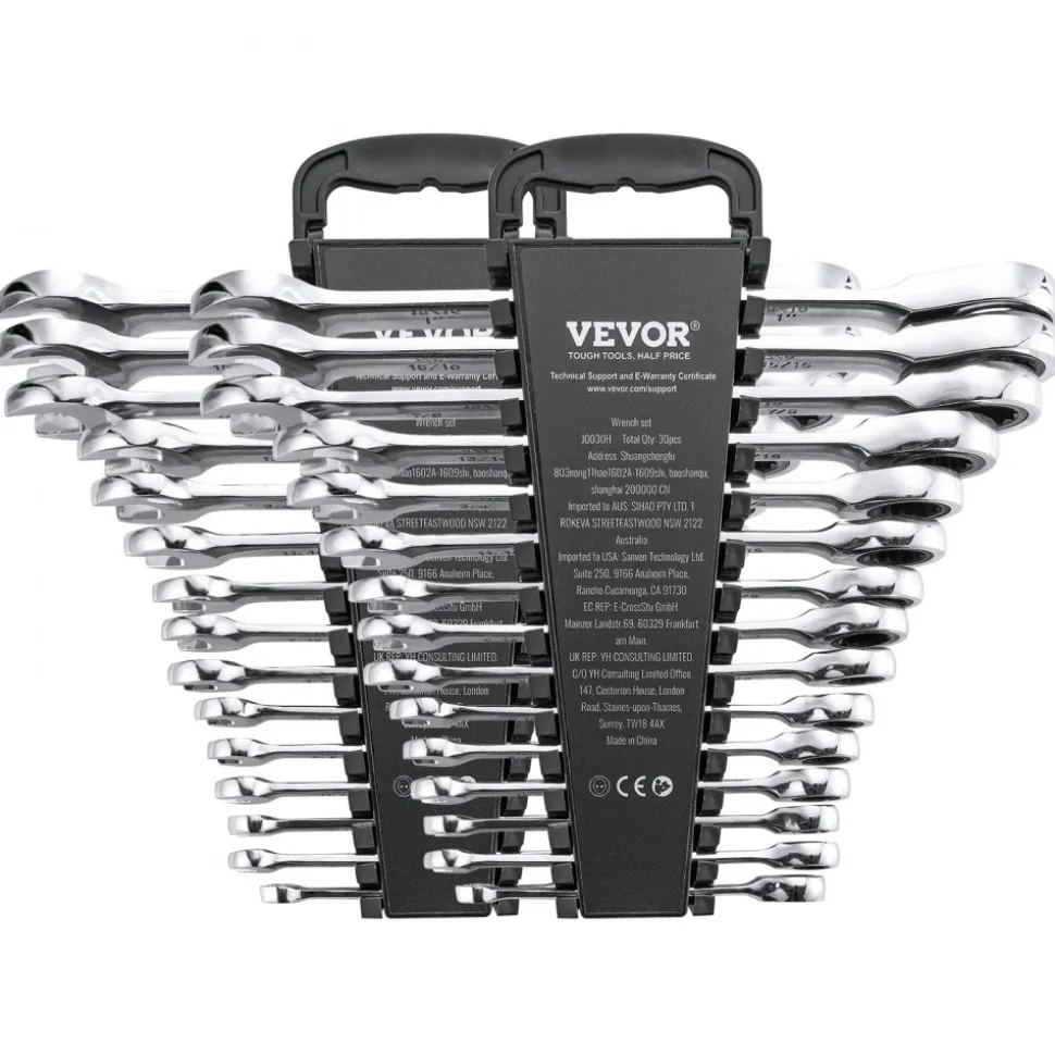 VEVOR Combination Wrench Set, 30-Piece Ratcheting Wrench Set with Organizer Rack, Cr-V Steel Wrench Set SAE 1/4" to 1", Metric 8 mm to 24 mm, Ideal for General Household, Garage, Workshop, Emergency