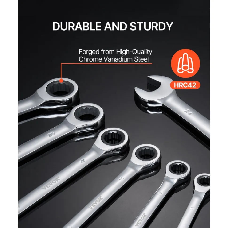 VEVOR Combination Wrench Set, 30-Piece Ratcheting Wrench Set with Organizer Rack, Cr-V Steel Wrench Set SAE 1/4" to 1", Metric 8 mm to 24 mm, Ideal for General Household, Garage, Workshop, Emergency