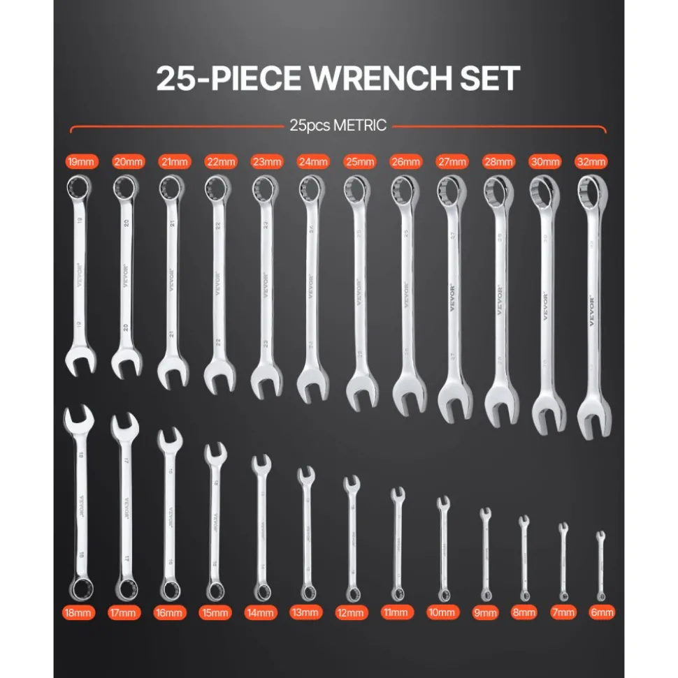 VEVOR Combination Wrench Set, 25-Piece Open End Wrench Set with Roll-up Pouch, Carbon Steel Wrench Set Metric 6 mm to 32 mm, Ideal for General Household, Garage, Workshop, Auto Repairs, Emergency