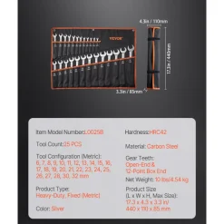 VEVOR Combination Wrench Set, 25-Piece Open End Wrench Set with Roll-up Pouch, Carbon Steel Wrench Set  Metric 6 mm to 32 mm, Ideal for General Household, Garage, Workshop, Auto Repairs, Emergency