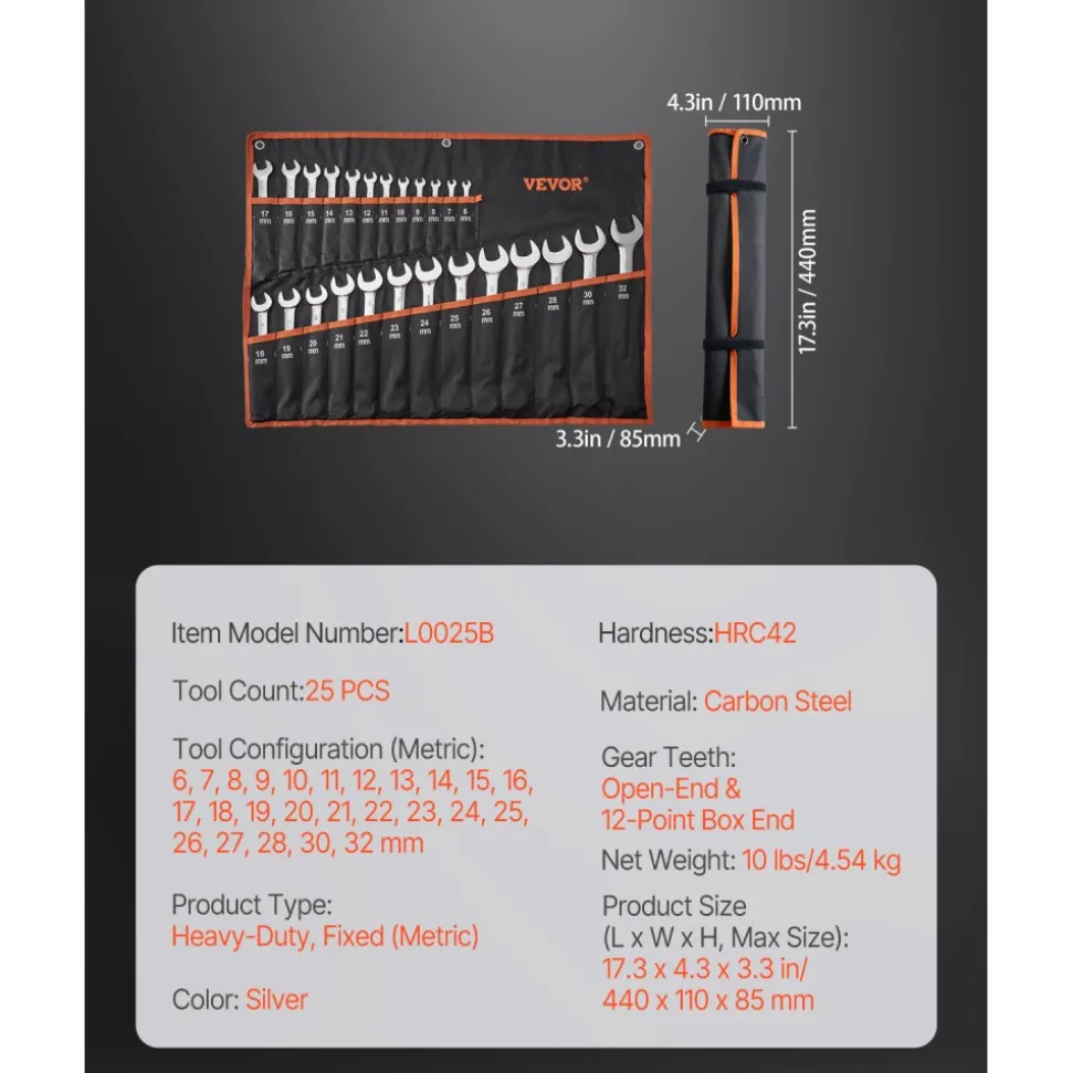 VEVOR Combination Wrench Set, 25-Piece Open End Wrench Set with Roll-up Pouch, Carbon Steel Wrench Set Metric 6 mm to 32 mm, Ideal for General Household, Garage, Workshop, Auto Repairs, Emergency