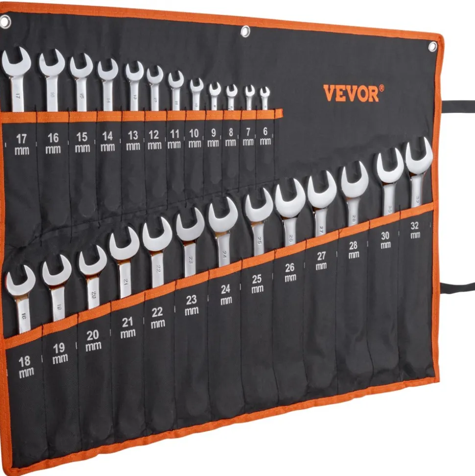 VEVOR Combination Wrench Set, 25-Piece Open End Wrench Set with Roll-up Pouch, Carbon Steel Wrench Set Metric 6 mm to 32 mm, Ideal for General Household, Garage, Workshop, Auto Repairs, Emergency
