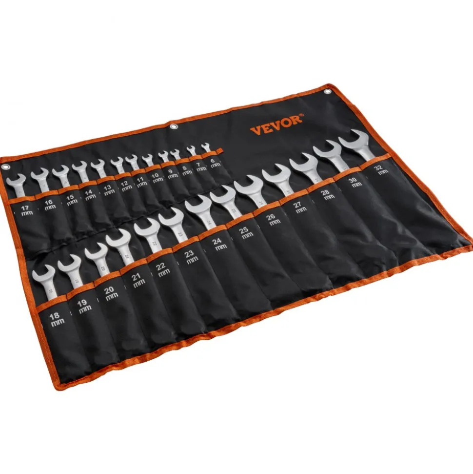VEVOR Combination Wrench Set, 25-Piece Open End Wrench Set with Roll-up Pouch, Carbon Steel Wrench Set Metric 6 mm to 32 mm, Ideal for General Household, Garage, Workshop, Auto Repairs, Emergency