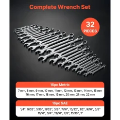 VEVOR Combination Wrench Set, 32-Piece SAE and Metric, 12-Point Box End and 15° Angled Open End Combination Wrenches with Roll Up Pouch, Carbon Steel, for General Household and Automotive Repairs