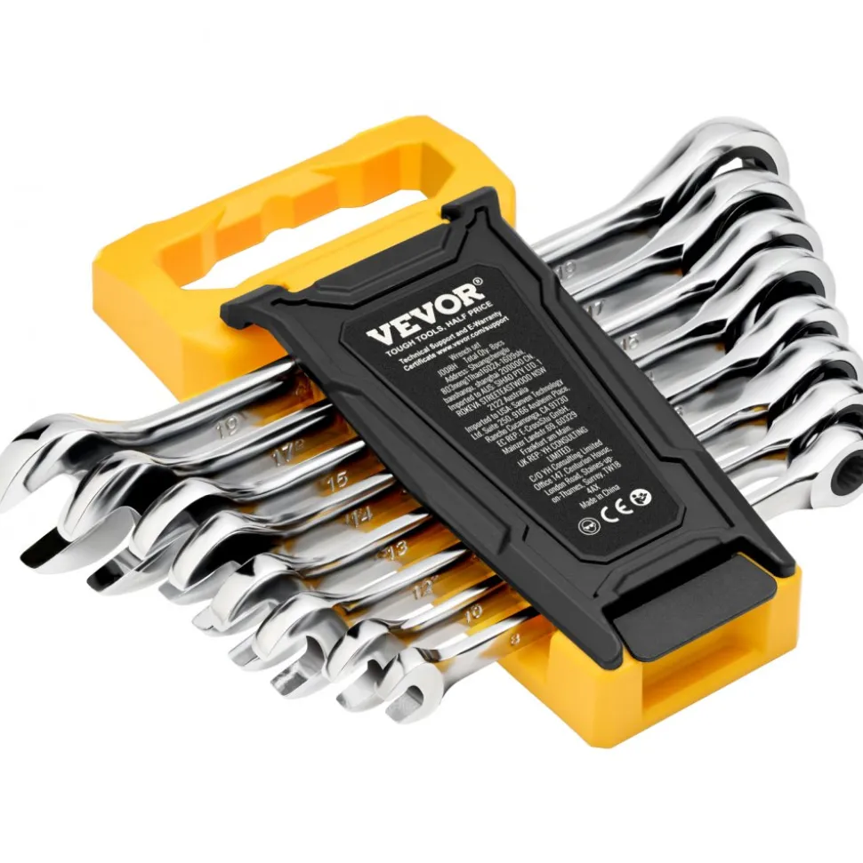 VEVOR Combination Wrench Set, 8-Piece Ratcheting Wrench Set with Organizer Rack, Cr-V Steel Wrench Set Metric 8 mm to 19 mm, Ideal for General Household, Garage, Workshop, Auto Repairs, Emergency