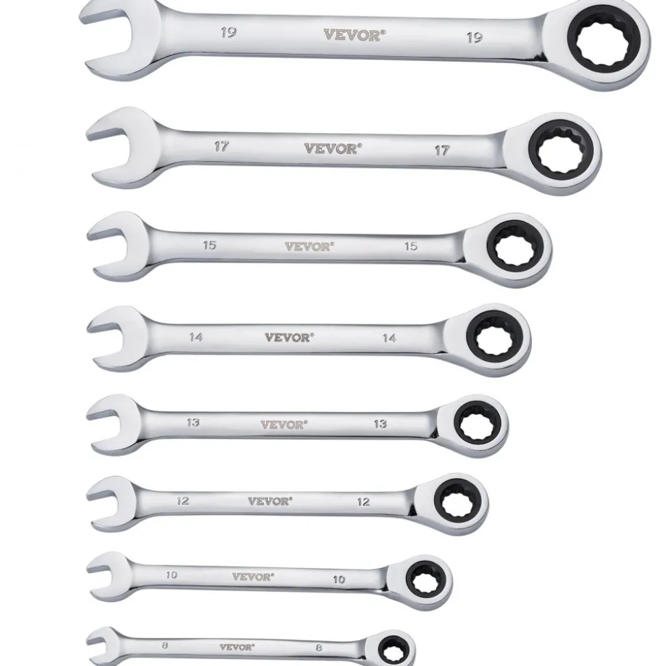 VEVOR Combination Wrench Set, 8-Piece Ratcheting Wrench Set with Organizer Rack, Cr-V Steel Wrench Set Metric 8 mm to 19 mm, Ideal for General Household, Garage, Workshop, Auto Repairs, Emergency