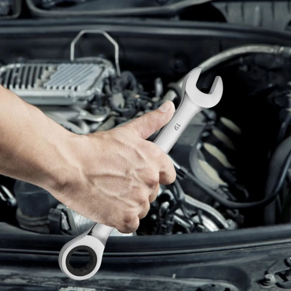 VEVOR Combination Wrench Set, 8-Piece Ratcheting Wrench Set with Organizer Rack, Cr-V Steel Wrench Set Metric 8 mm to 19 mm, Ideal for General Household, Garage, Workshop, Auto Repairs, Emergency