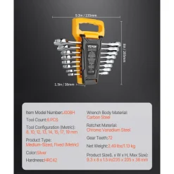 VEVOR Combination Wrench Set, 8-Piece Ratcheting Wrench Set with Organizer Rack, Cr-V Steel Wrench Set Metric 8 mm to 19 mm, Ideal for General Household, Garage, Workshop, Auto Repairs, Emergency