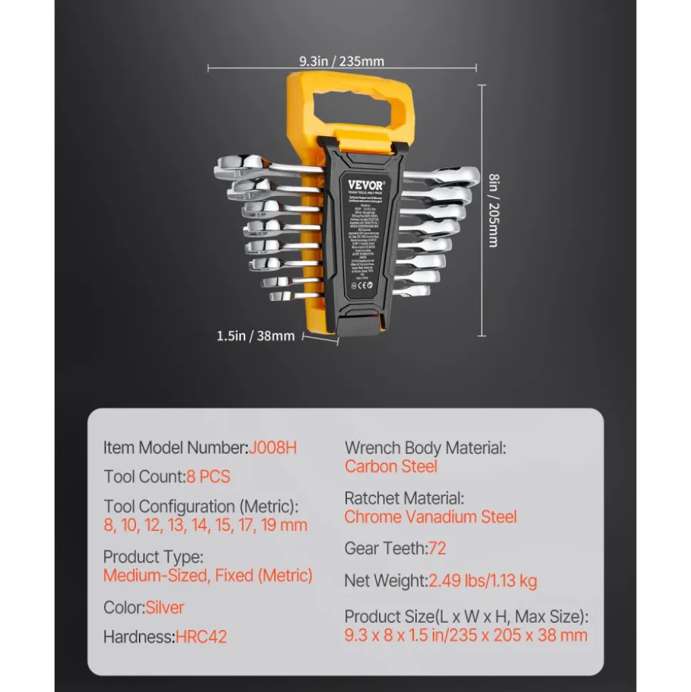 VEVOR Combination Wrench Set, 8-Piece Ratcheting Wrench Set with Organizer Rack, Cr-V Steel Wrench Set Metric 8 mm to 19 mm, Ideal for General Household, Garage, Workshop, Auto Repairs, Emergency