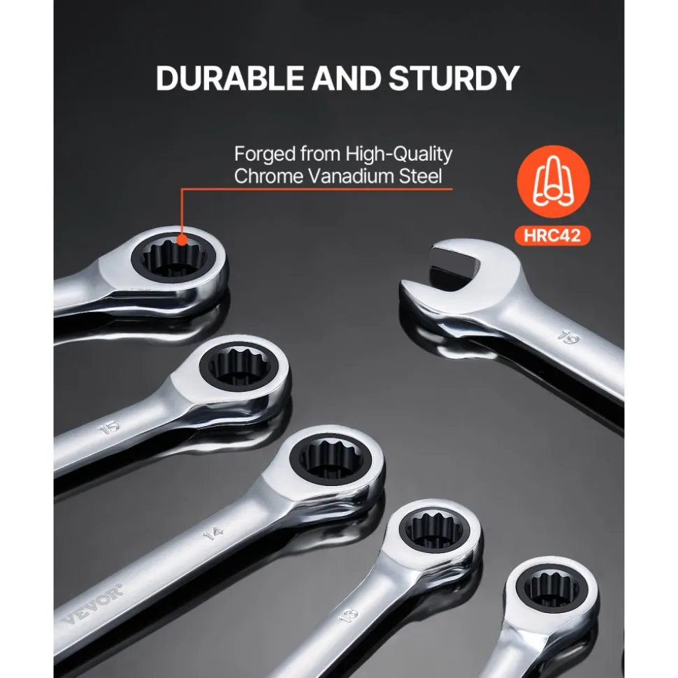 VEVOR Combination Wrench Set, 8-Piece Ratcheting Wrench Set with Organizer Rack, Cr-V Steel Wrench Set Metric 8 mm to 19 mm, Ideal for General Household, Garage, Workshop, Auto Repairs, Emergency