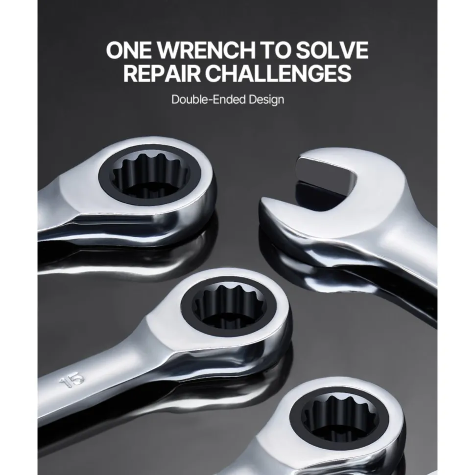 VEVOR Combination Wrench Set, 8-Piece Ratcheting Wrench Set with Organizer Rack, Cr-V Steel Wrench Set Metric 8 mm to 19 mm, Ideal for General Household, Garage, Workshop, Auto Repairs, Emergency