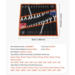 VEVOR Combination Wrench Set, 42-Piece SAE and Metric, 12-Point Box End and 15° Angled Open End Combination Wrenches with Roll Up Pouch, Carbon Steel, for General Household and Automotive Repairs