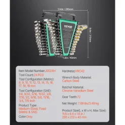 VEVOR Combination Wrench Set, 24-Piece Ratcheting Wrench Set with Organizer Rack, Cr-V Steel Wrench Set SAE 1/4" to 7/8", Metric 8 mm to 19 mm, Ideal for General Household, Auto Repairs, Emergency