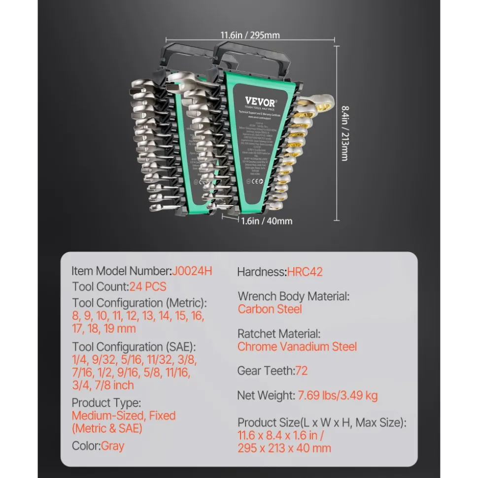 VEVOR Combination Wrench Set, 24-Piece Ratcheting Wrench Set with Organizer Rack, Cr-V Steel Wrench Set SAE 1/4" to 7/8", Metric 8 mm to 19 mm, Ideal for General Household, Auto Repairs, Emergency