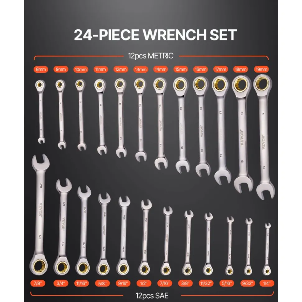 VEVOR Combination Wrench Set, 24-Piece Ratcheting Wrench Set with Organizer Rack, Cr-V Steel Wrench Set SAE 1/4" to 7/8", Metric 8 mm to 19 mm, Ideal for General Household, Auto Repairs, Emergency