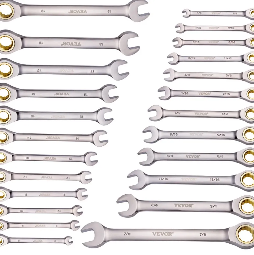 VEVOR Combination Wrench Set, 24-Piece Ratcheting Wrench Set with Organizer Rack, Cr-V Steel Wrench Set SAE 1/4" to 7/8", Metric 8 mm to 19 mm, Ideal for General Household, Auto Repairs, Emergency