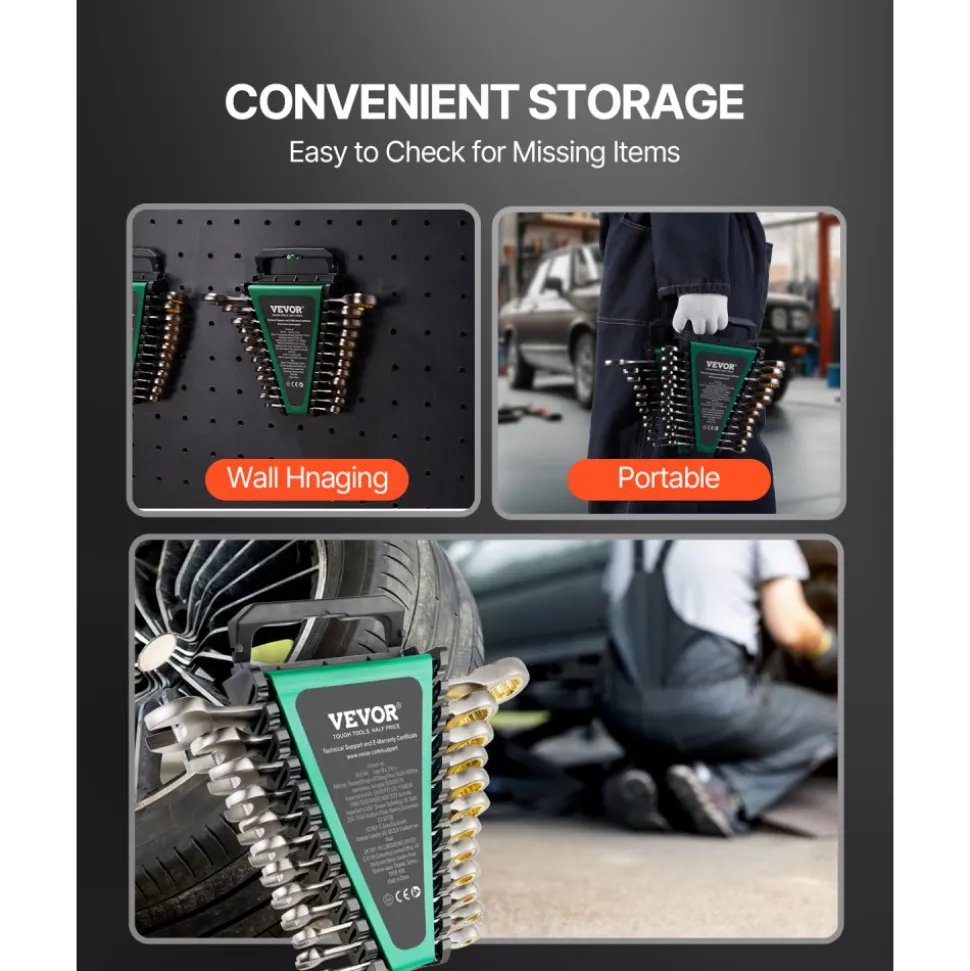VEVOR Combination Wrench Set, 24-Piece Ratcheting Wrench Set with Organizer Rack, Cr-V Steel Wrench Set SAE 1/4" to 7/8", Metric 8 mm to 19 mm, Ideal for General Household, Auto Repairs, Emergency