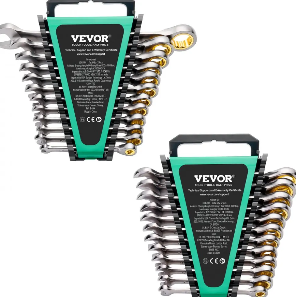 VEVOR Combination Wrench Set, 24-Piece Ratcheting Wrench Set with Organizer Rack, Cr-V Steel Wrench Set SAE 1/4" to 7/8", Metric 8 mm to 19 mm, Ideal for General Household, Auto Repairs, Emergency