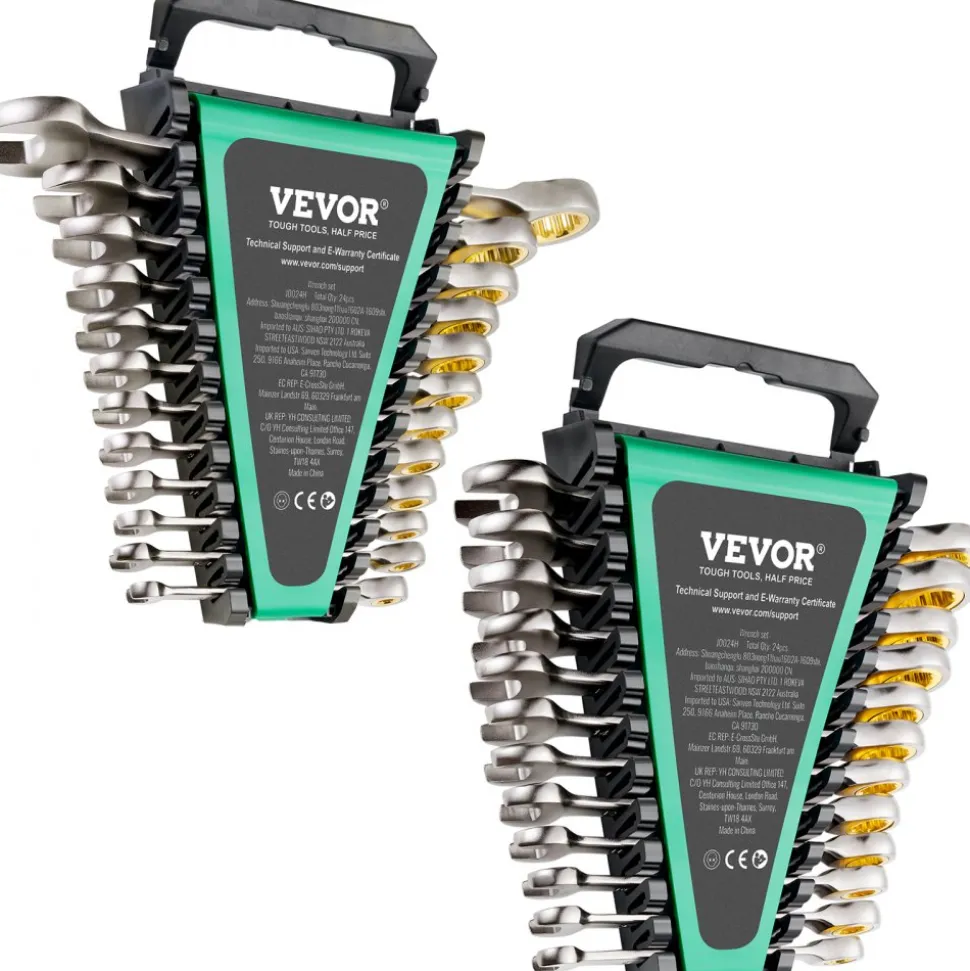 VEVOR Combination Wrench Set, 24-Piece Ratcheting Wrench Set with Organizer Rack, Cr-V Steel Wrench Set SAE 1/4" to 7/8", Metric 8 mm to 19 mm, Ideal for General Household, Auto Repairs, Emergency