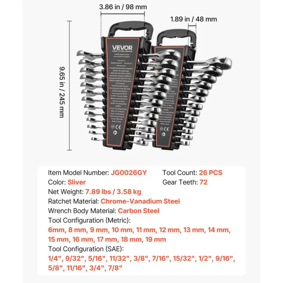VEVOR Combination Wrench Set, 26-Piece SAE and Metric, 72 Teeth, Cr-V Steel Ratcheting Wrench Set, with Rack Organizer, Open End, Clear Size Labels, for General Household, Automotive Repairs, Silver