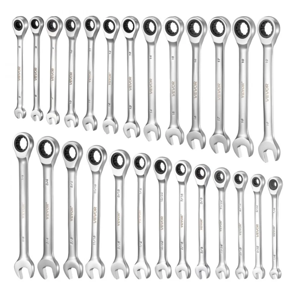 VEVOR Combination Wrench Set, 26-Piece SAE and Metric, 72 Teeth, Cr-V Steel Ratcheting Wrench Set, with Rack Organizer, Open End, Clear Size Labels, for General Household, Automotive Repairs, Silver