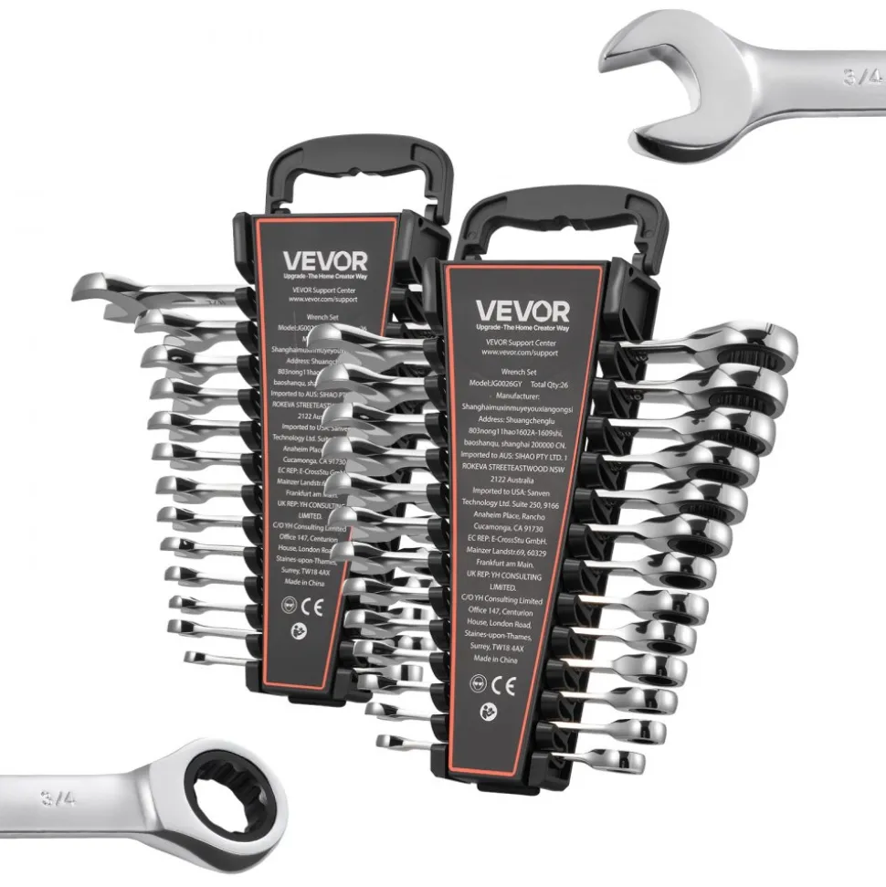 VEVOR Combination Wrench Set, 26-Piece SAE and Metric, 72 Teeth, Cr-V Steel Ratcheting Wrench Set, with Rack Organizer, Open End, Clear Size Labels, for General Household, Automotive Repairs, Silver