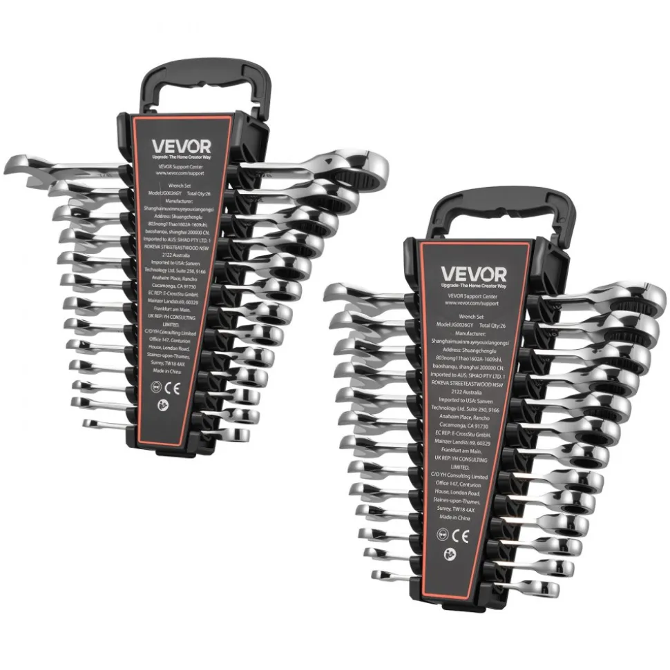 VEVOR Combination Wrench Set, 26-Piece SAE and Metric, 72 Teeth, Cr-V Steel Ratcheting Wrench Set, with Rack Organizer, Open End, Clear Size Labels, for General Household, Automotive Repairs, Silver
