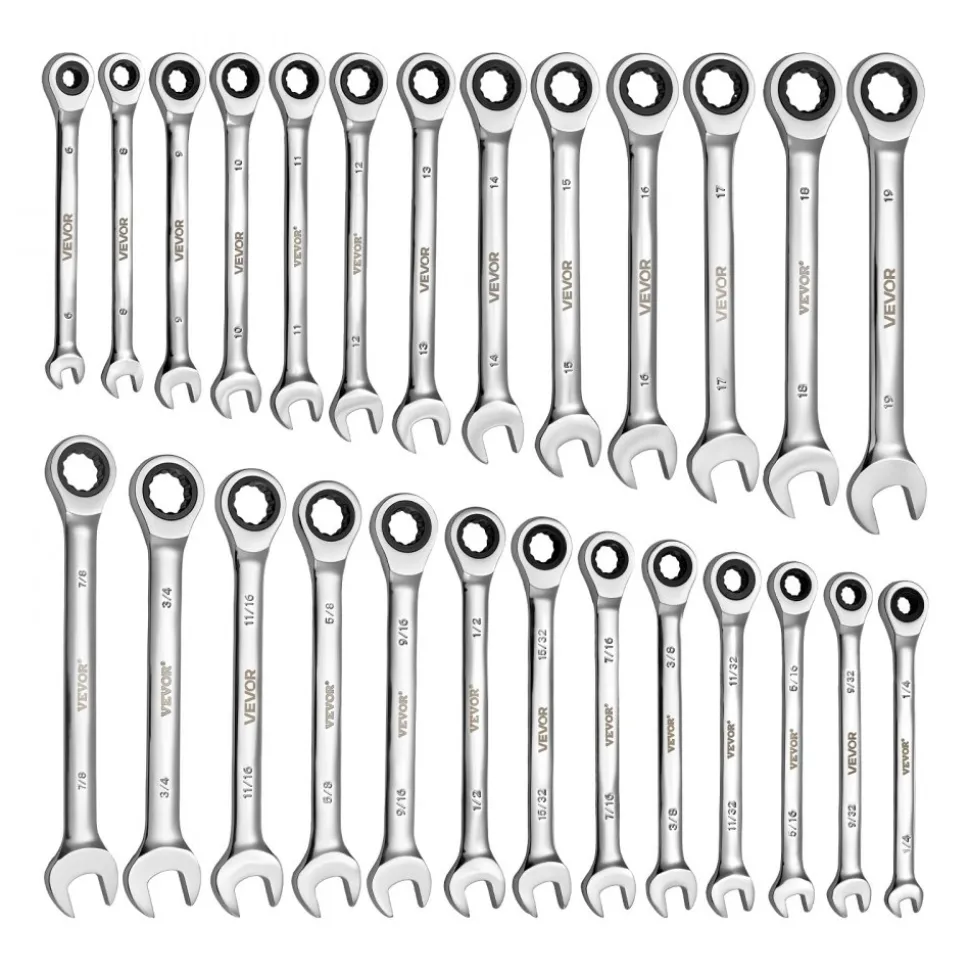 VEVOR Combination Wrench Set, 26-Piece SAE and Metric, 72 Teeth, Cr-V Steel Ratcheting Wrench Set, with Rack Organizer, Open End, Clear Size Labels, for General Household, Automotive Repairs, Silver