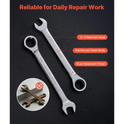 VEVOR Combination Wrench Set, 16-Piece SAE Sizes, 72 Teeth, Cr-V Steel Ratcheting Wrench Set, with Roll Up Pouch, Open End, Clear Size Labels, for General Household and Automotive Repairs, Silver