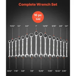 VEVOR Combination Wrench Set, 16-Piece SAE Sizes, 72 Teeth, Cr-V Steel Ratcheting Wrench Set, with Roll Up Pouch, Open End, Clear Size Labels, for General Household and Automotive Repairs, Silver