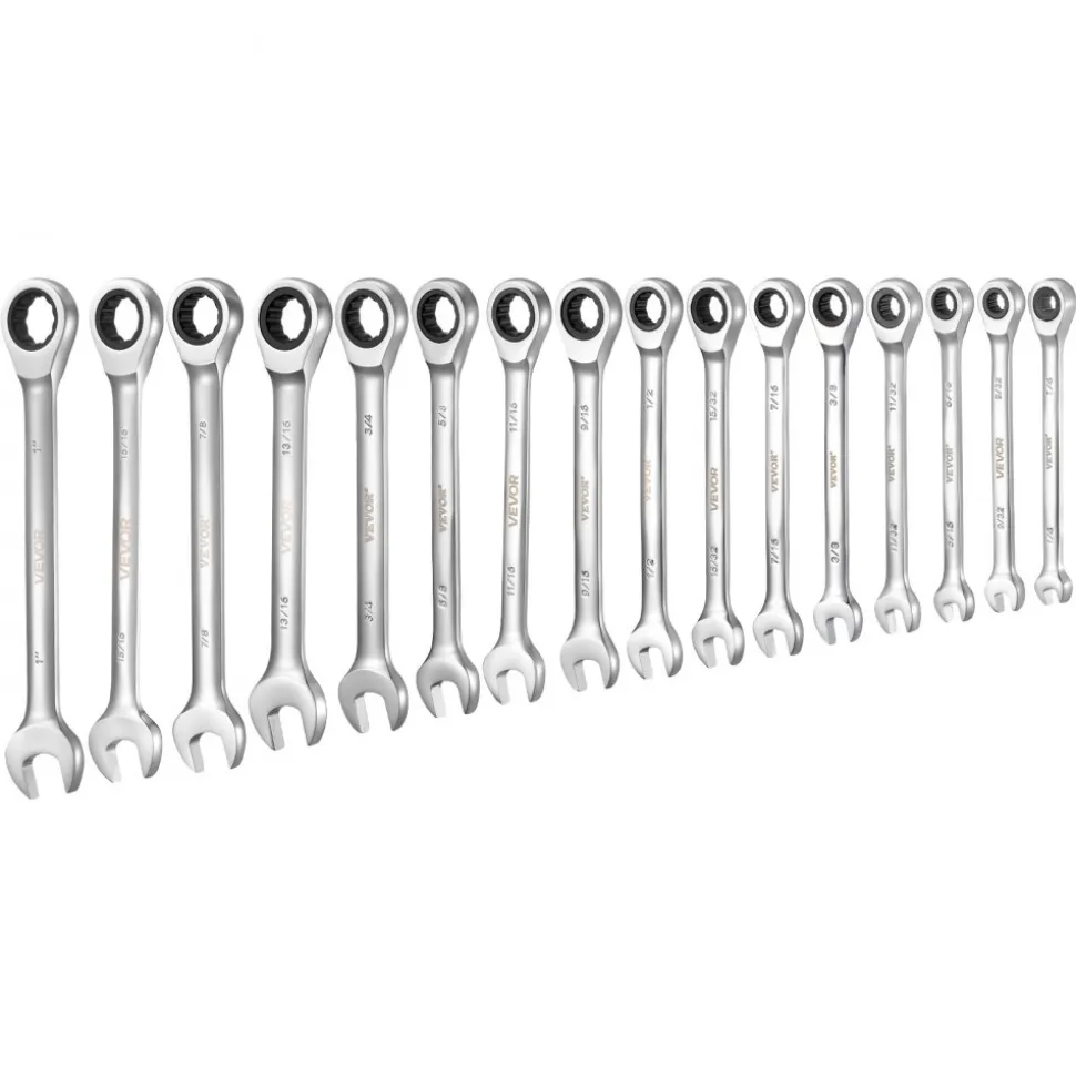 VEVOR Combination Wrench Set, 16-Piece SAE Sizes, 72 Teeth, Cr-V Steel Ratcheting Wrench Set, with Roll Up Pouch, Open End, Clear Size Labels, for General Household and Automotive Repairs, Silver