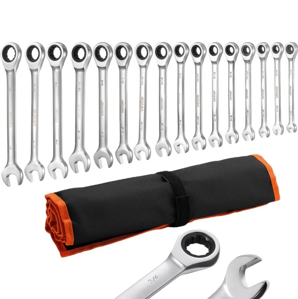 VEVOR Combination Wrench Set, 16-Piece SAE Sizes, 72 Teeth, Cr-V Steel Ratcheting Wrench Set, with Roll Up Pouch, Open End, Clear Size Labels, for General Household and Automotive Repairs, Silver