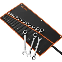 VEVOR Combination Wrench Set, 16-Piece SAE Sizes, 72 Teeth, Cr-V Steel Ratcheting Wrench Set, with Roll Up Pouch, Open End, Clear Size Labels, for General Household and Automotive Repairs, Silver