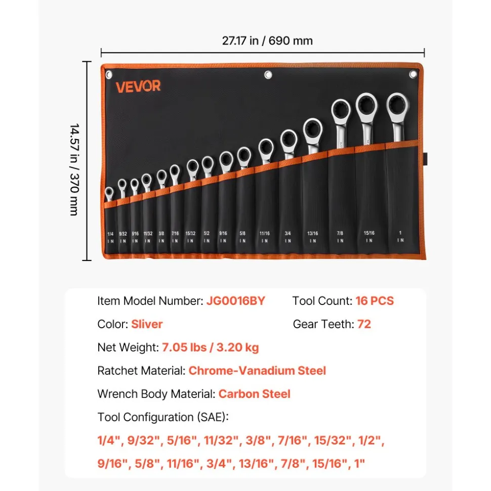 VEVOR Combination Wrench Set, 16-Piece SAE Sizes, 72 Teeth, Cr-V Steel Ratcheting Wrench Set, with Roll Up Pouch, Open End, Clear Size Labels, for General Household and Automotive Repairs, Silver