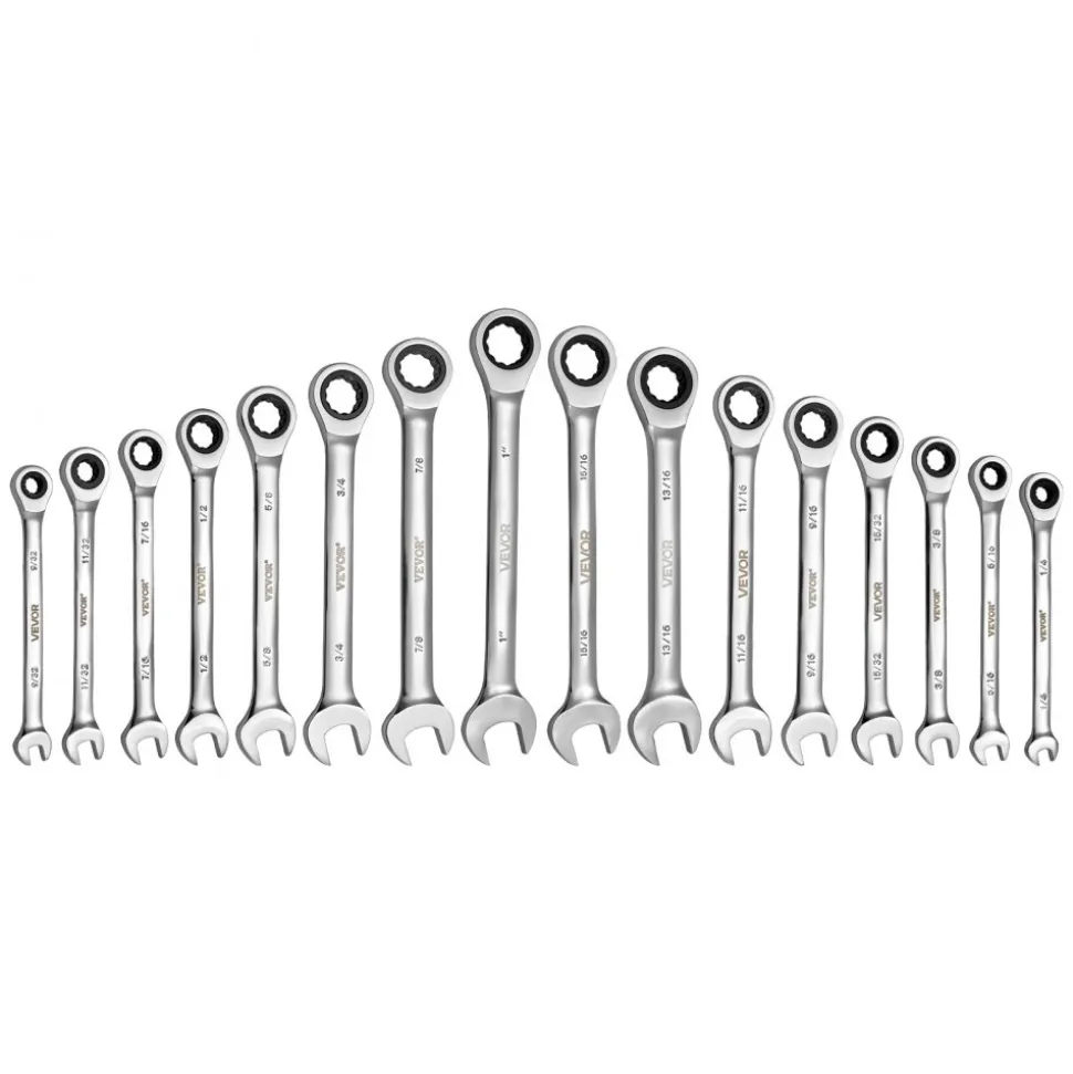 VEVOR Combination Wrench Set, 16-Piece SAE Sizes, 72 Teeth, Cr-V Steel Ratcheting Wrench Set, with Roll Up Pouch, Open End, Clear Size Labels, for General Household and Automotive Repairs, Silver