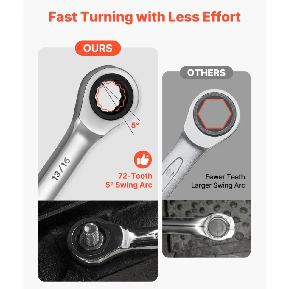 VEVOR Combination Wrench Set, 16-Piece SAE Sizes, 72 Teeth, Cr-V Steel Ratcheting Wrench Set, with Roll Up Pouch, Open End, Clear Size Labels, for General Household and Automotive Repairs, Silver