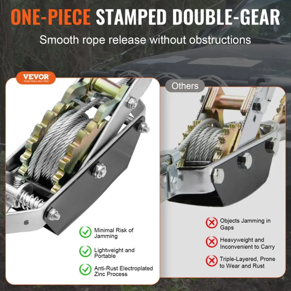 VEVOR Come Along Winch, 2 Ton (4,409 lbs) Pulling Capacity, 12 ft Steel Cable, 2 Hooks, Heavy Duty Ratchet Power Puller Tool with Dual Gears, Automotive Hoist Cable Puller Ideal for Vehicle Rescue